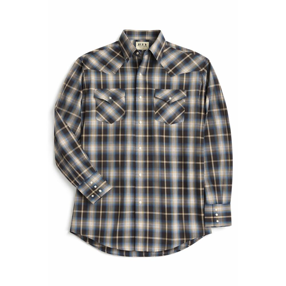 Ely Cattleman Mens Western Shirt Blue Brown Plaid Pearl Snap Button Down Medium